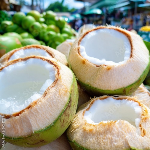 Fresh Coconuts Stacked in a Market During the Day in a Tropical Location