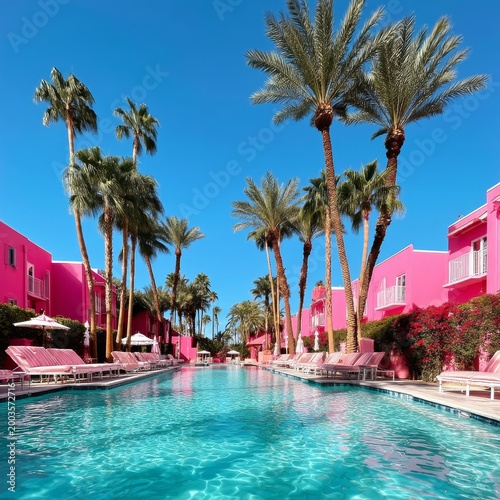 Bright Pink Pool Area With Palm Trees in a Sunny Location Under a Clear Blue Sky