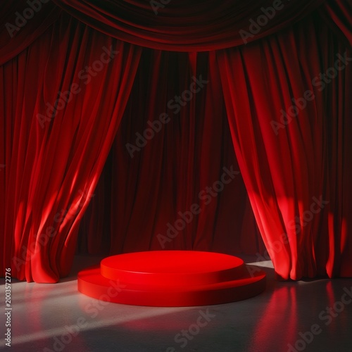 Red Curtain on Stage Waiting for Performance at Theater in Evening