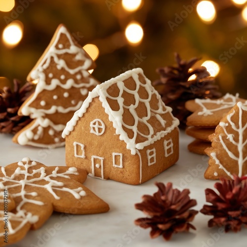 Gingerbread House Surrounded by Cookies and Pine Cones During Holiday Season