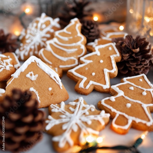 Gingerbread House Surrounded by Cookies and Pine Cones During Holiday Season