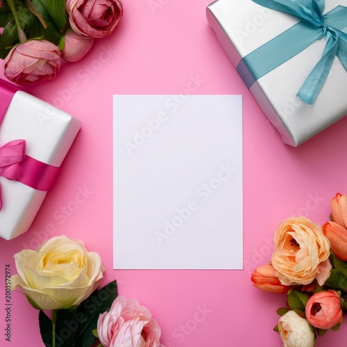 Gifts and Flowers Arranged on a Pink Background With a Blank Card in the Center