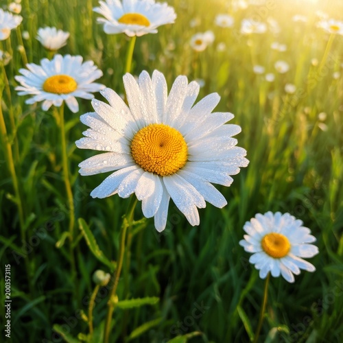 Daisies Bloom in Sunlight With Droplets of Water on Petals in a Meadow