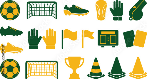Photos Various soccer sports equipment icons featuring balls nets cleats gloves whistle
