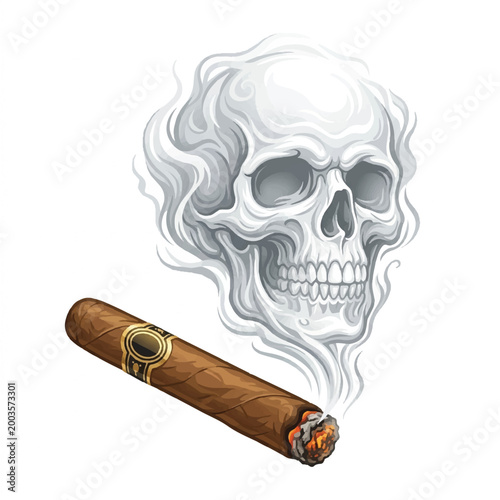 Illustration of a smoking skull with a burning cigar and smoke cloud.