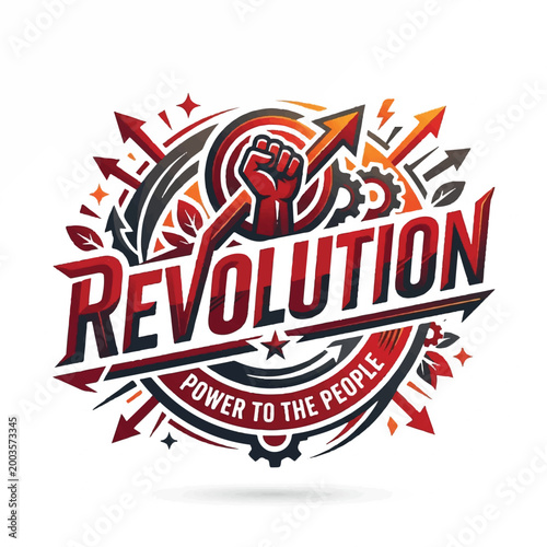 Dynamic Illustration of Revolution with Fist and Gear Symbols Emphasizing Power and Change.