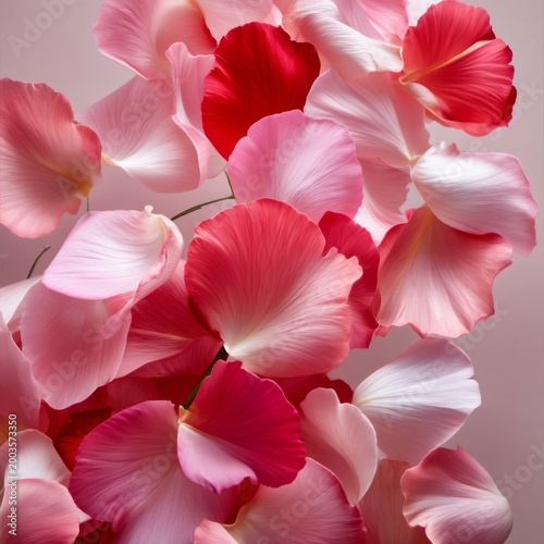 Rose Petals in Pink and Red Colors Scattered on a Light Background in a Decor...