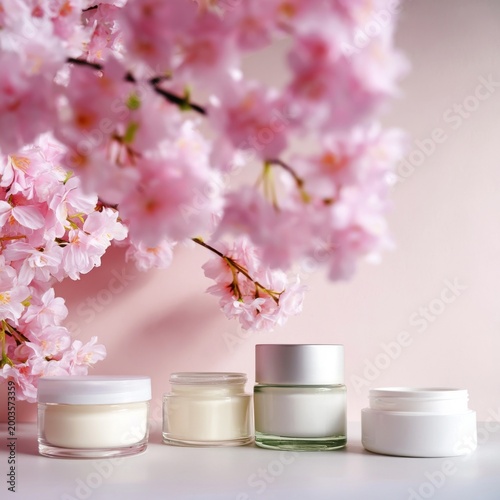Skincare Products Placed Near Cherry Blossom Branches on a White Background