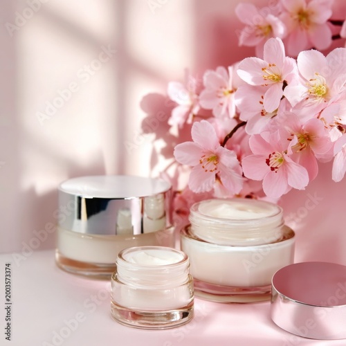 Skincare Products Placed Near Cherry Blossom Branches on a White Background