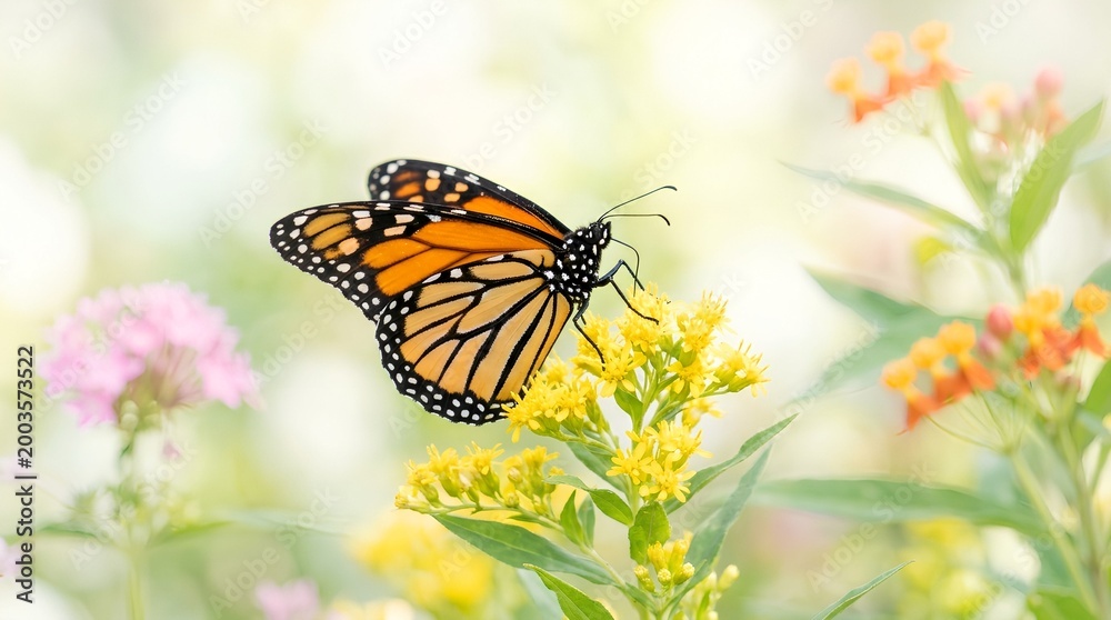 Fototapeta premium A monarch butterfly perched on a vibrant flower, showcasing its striking orange and black wings
