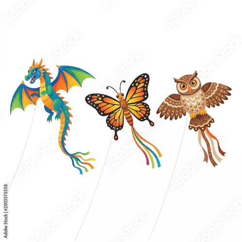 Colorful Kites Featuring Fantasy Creatures and Nature-Inspired Designs for Outdoor Play.