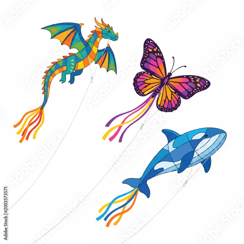 Colorful Dragon, Butterfly, and Shark Kites Flying in the Sky.
