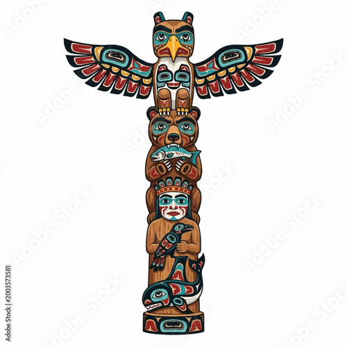 Colorful Native American Totem Pole with Animal and Human Figures.
