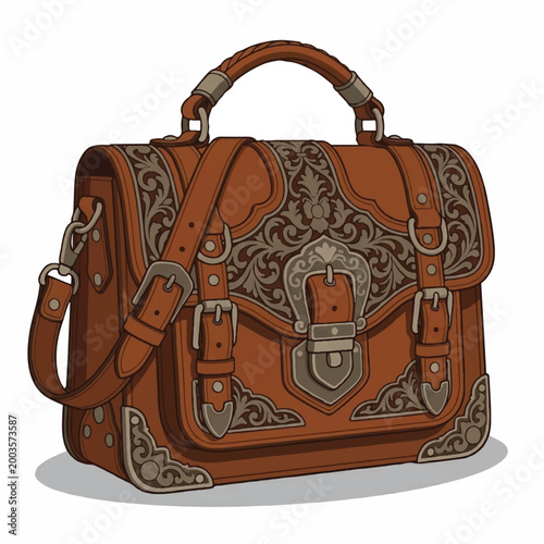 Elegant Leather Briefcase with Intricate Embossed Design for Business and Travel Use.