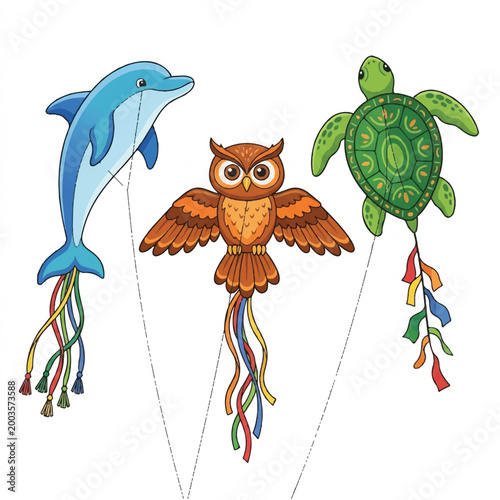Colorful Animal-themed Kites Featuring Dolphin Owl and Turtle Designs for Outdoor Play.