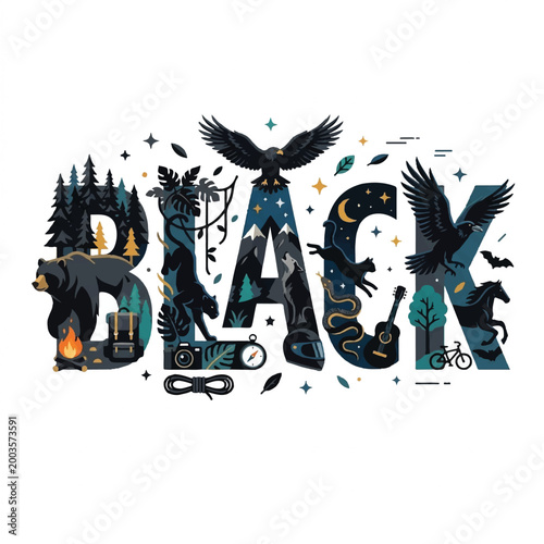 Stylish Black Typography Design Featuring Birds and Nature Elements.