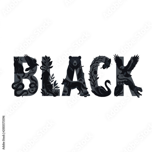 Creative black themed typography with animal and nature elements integrated into the letters.