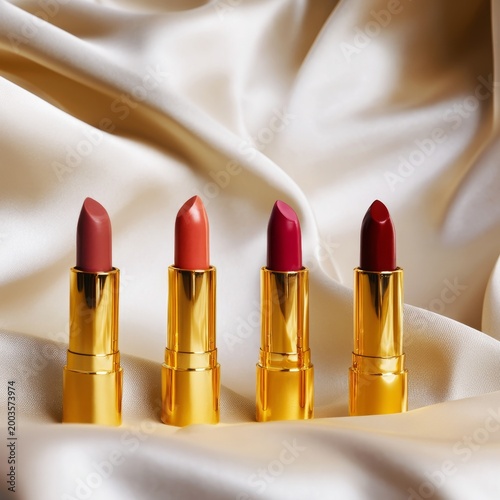 Four Different Lipsticks Are Placed on a Soft Fabric Surface in a Well-Lit Se...