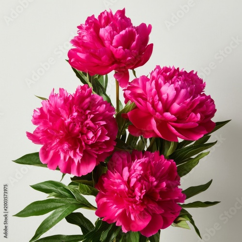 Bright Pink Peonies With Green Leaves Arranged Together in a Simple Manner