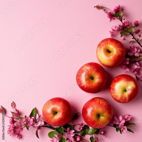 Fresh Apples and Pink Flowers Arranged on a Pink Background Create a Simple a...