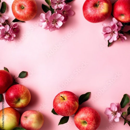 Fresh Apples and Pink Flowers Arranged on a Pink Background Create a Simple a...