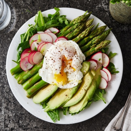Fresh Salad With Poached Egg, Avocado, Asparagus, and Radish Served on a Whit...