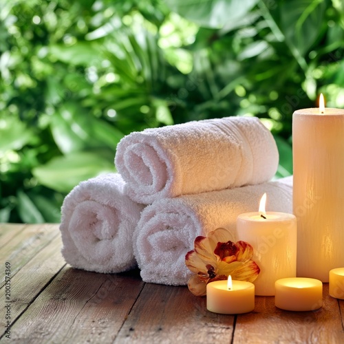 Soft Towels and Candles Are Arranged on a Wooden Table Surrounded by Green Pl...