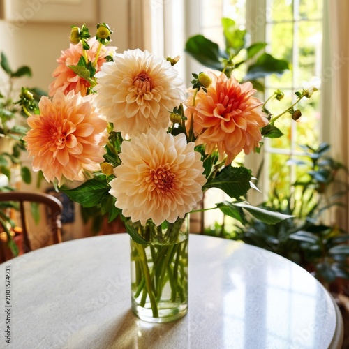 Fresh Flowers in a Glass Vase Brighten a Room During Late Afternoon Light