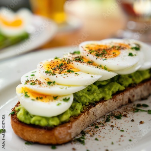 Breakfast Dish With Toast, Avocado, and Boiled Eggs at a Cafe During Brunch Time