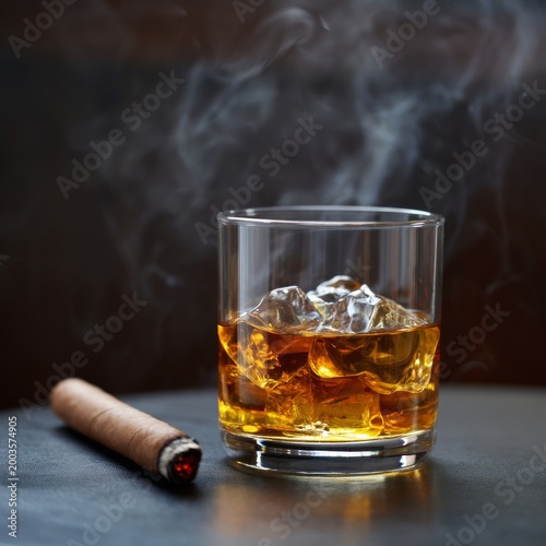 Glass of Whiskey With Ice Next to a Cigar on a Dark Table Surface