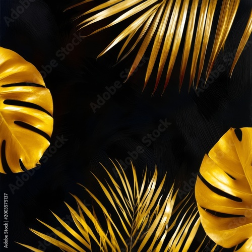 Golden Palm Leaves Arranged on a Dark Background for Decoration and Design Pu...