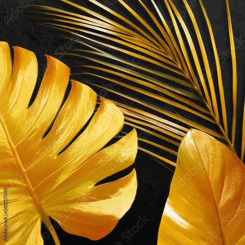Colorful Tropical Leaves on Black Background Create Vibrant Visual Contrast i...
