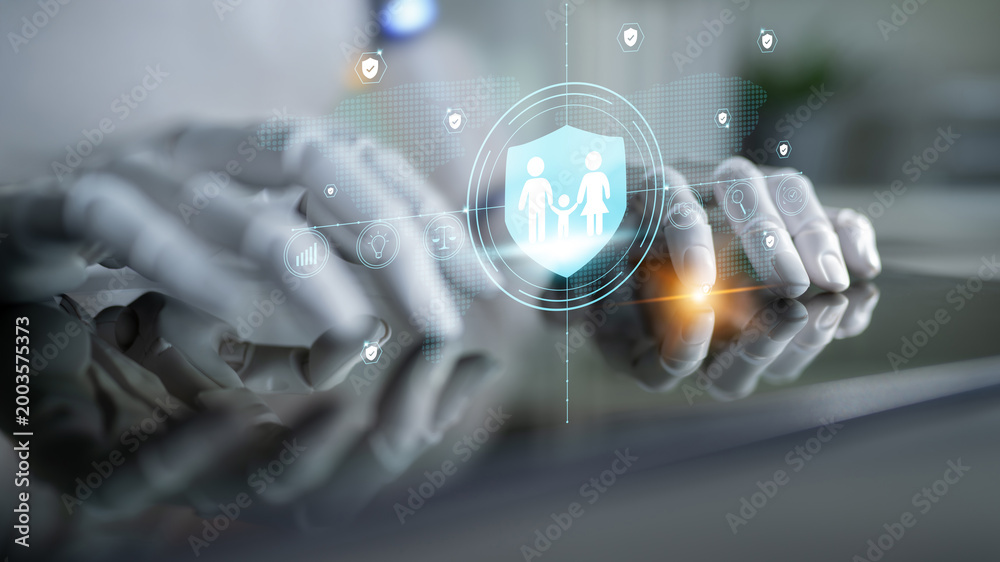 Obraz premium AI-powered global family protection and life insurance planning. An AI solution providing financial security and legal protection for your family. Motif