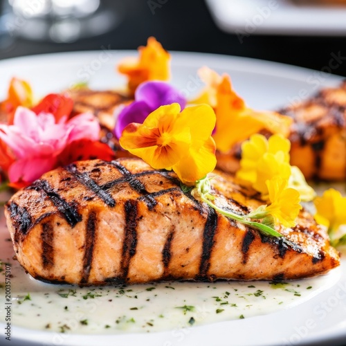 Delicious Grilled Salmon Served With Colorful Flowers and Sauce on a White Plate