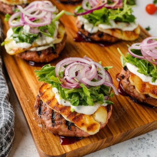 Grilled Patties With Lettuce, Onions, and Sauce on a Wooden Board With Fresh ...