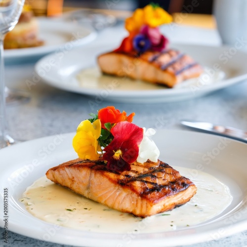 Grilled Salmon With Sauce and Edible Flowers Served on a Plate at a Fine Dini...