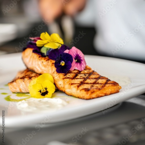 Delicious Grilled Salmon Served With Colorful Flowers and Sauce on a White Plate