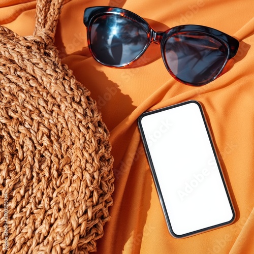 Sunglasses and Phone on an Orange Fabric in a Sunny Outdoor Setting