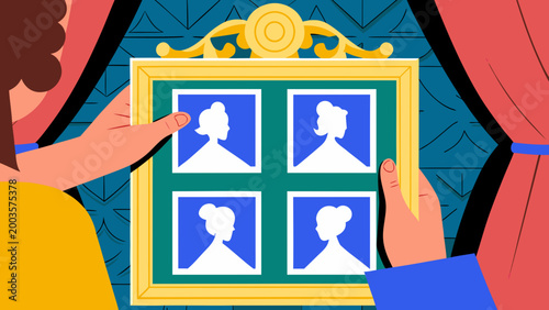 Person holding decorative picture frame containing four silhouette portraits. Process of curating ones own identity: selecting significant memories and ancestral archetypes to frame self concept