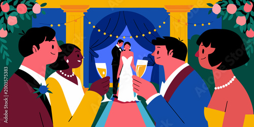 Group of wedding guests celebrating at reception, holding champagne glasses, with bride and groom in white attire standing under decorative archway in vibrant outdoor setting