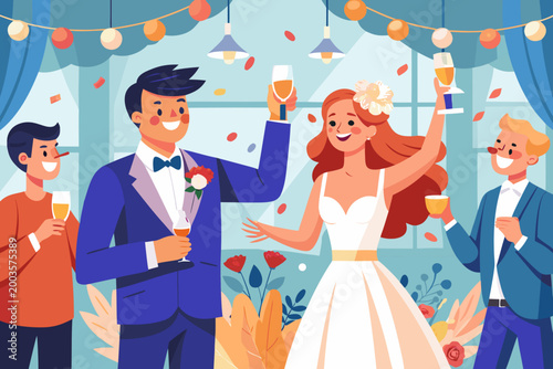 Happy bride and groom celebrating at wedding reception with guests holding drinks, colorful decorations, and festive atmosphere in a beautifully arranged indoor setting