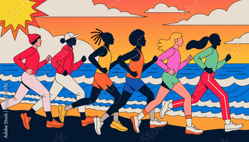 Group of diverse runners training along a beachside path with ocean waves and a colorful sunset in the background, showcasing various athletic outfits and footwear