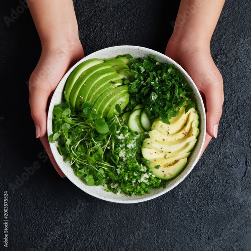 Hands Hold a Bowl of Fresh Greens and Sliced Cucumbers on a Dark Surface