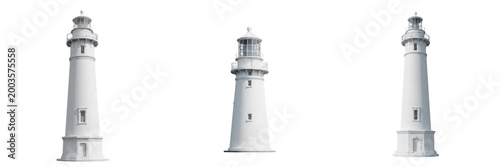фотографія Set and collection of white coastal lighthouse tower isolated on white transpare