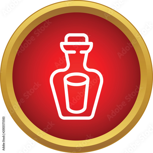 Tequila bottle and shot glass outline icon in a red round button with a gold frame