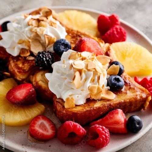 Fresh Breakfast Plate With French Toast Topped With Fruit and Whipped Cream a...