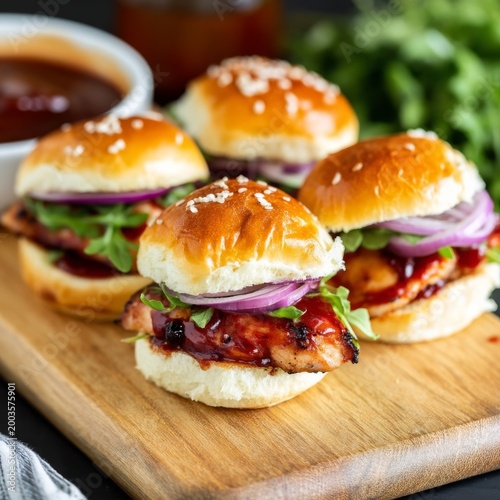 Three Chicken Sliders With Onions and Sauce on a Wooden Board in a Kitchen Se...
