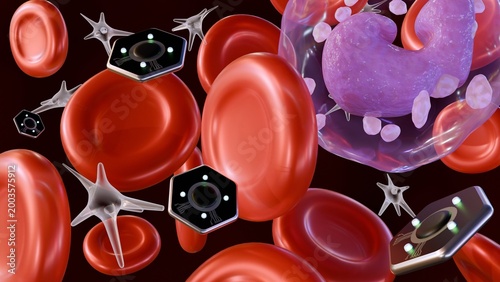 Photos A 3D rendering of microscopic hexagonal biosensors floating amongst red blood cells and a white blood cell, depicting future medical diagnostics and in-vivo monitoring
