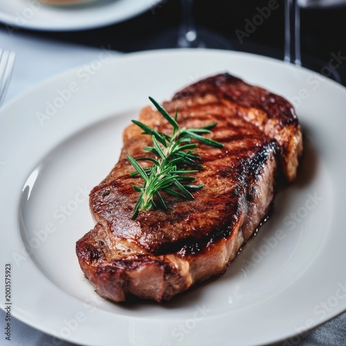 Delicious Grilled Steak Served With Fresh Herbs on a White Plate in a Restaur...