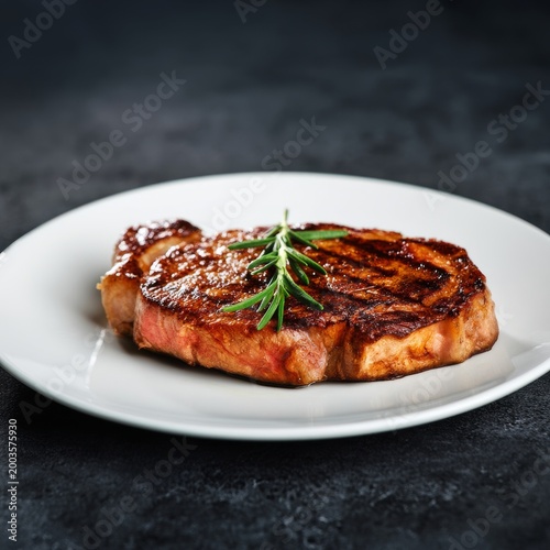 Perfectly Cooked Steak on a White Plate With Garnish on a Kitchen Countertop